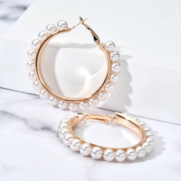 White Faux Pearl Hoop Earrings - Picture 2 of 4
